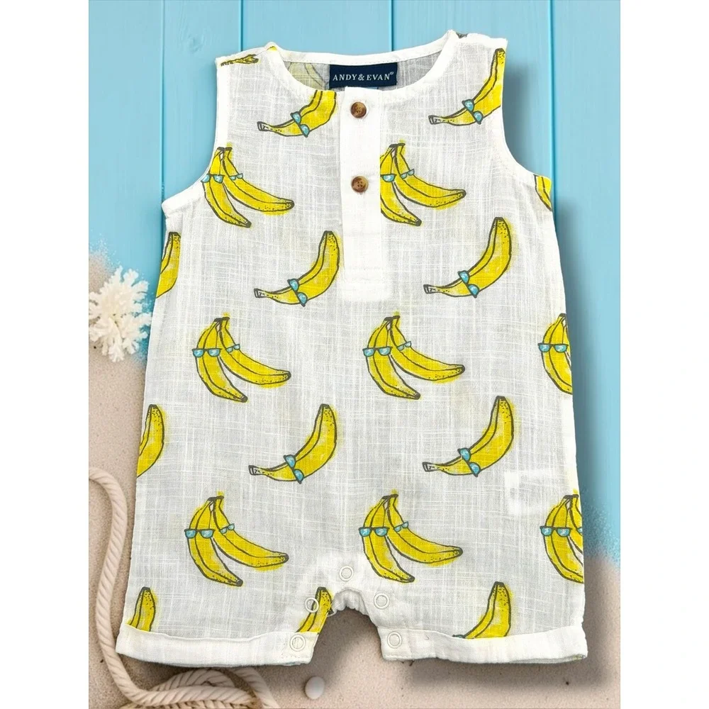 Andy & Evan Banana Print Cotton Gauze Romper and Hat Set Kids 3-6M